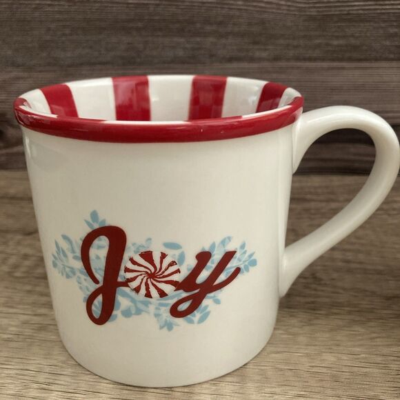 Set of 2 Starbucks Holiday 2007 Joy Mugs Christmas Peppermint Candy Striped 14oz - Picture 7 of 11
